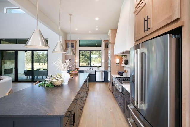439 Junker Hl, Fredericksburg, TX 78624 - kitchen with stainless steel appliances, premium range hood, light wood finished floors, a kitchen island, and recessed lighting