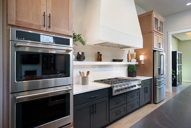 439 Junker Hl, Fredericksburg, TX 78624 - kitchen featuring appliances with stainless steel finishes, custom exhaust hood, glass insert cabinets, light countertops, and decorative backsplash