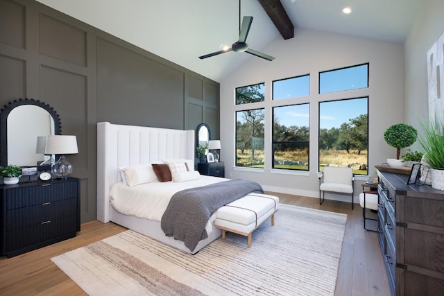 439 Junker Hl, Fredericksburg, TX 78624 - bedroom featuring beamed ceiling, light wood-style floors, high vaulted ceiling, recessed lighting, and a ceiling fan