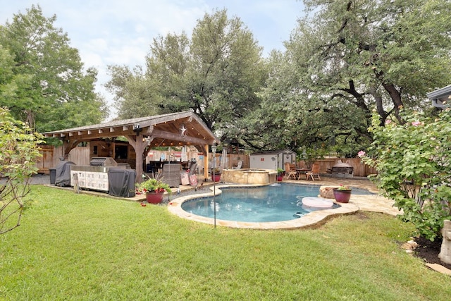 15413 Echo Hills Dr, Austin, TX 78717 - view of pool featuring a fenced backyard, a storage unit, a gazebo, and an in-ground hot tub