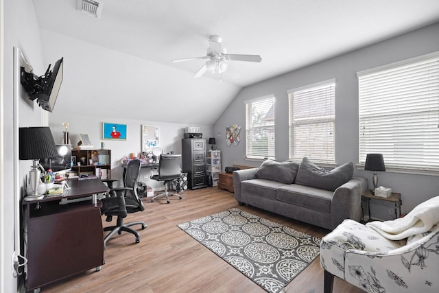15413 Echo Hills Dr, Austin, TX 78717 - office area featuring ceiling fan, lofted ceiling, and wood finished floors