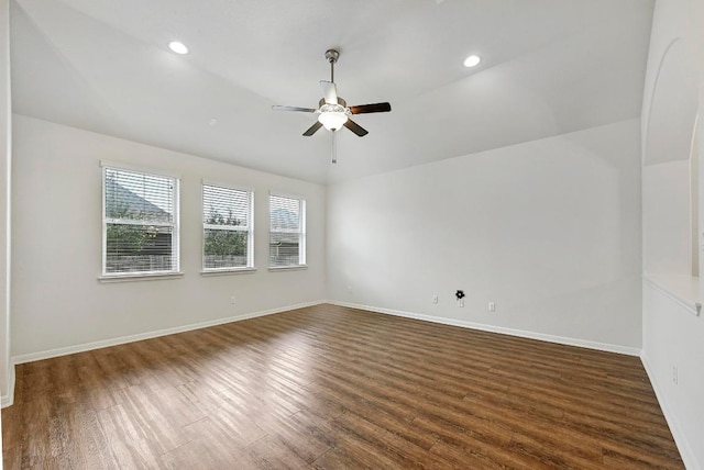 2344 Broken Wagon Dr, Leander, TX 78641 - unfurnished room featuring dark wood-type flooring, a ceiling fan, recessed lighting, and lofted ceiling