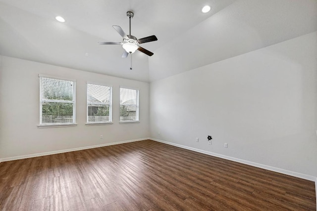 2344 Broken Wagon Dr, Leander, TX 78641 - empty room with dark wood-type flooring, ceiling fan, recessed lighting, and vaulted ceiling