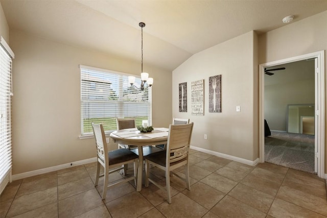 19105 Obed River Dr, Pflugerville, TX 78660 - dining space with a chandelier, vaulted ceiling, and light tile patterned floors