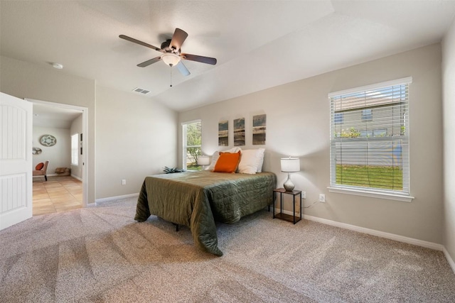 19105 Obed River Dr, Pflugerville, TX 78660 - carpeted bedroom featuring vaulted ceiling and ceiling fan