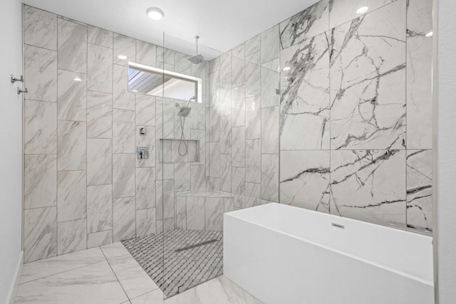 14430 Tuscola Cir, Austin, TX 78734 - full bathroom featuring a freestanding tub, a tile shower, and marble finish flooring