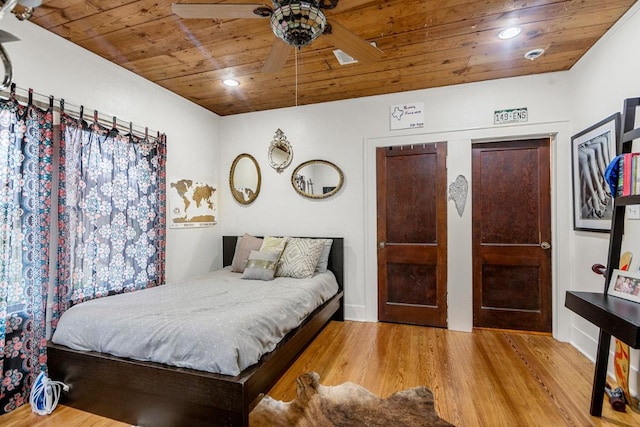 2834 Pearl St, Austin, TX 78705 - bedroom with wood ceiling, wood finished floors, recessed lighting, and a ceiling fan