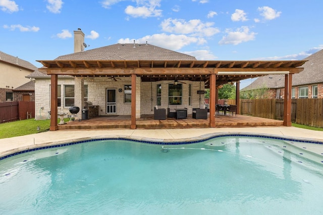 204 Lake Livingston Dr, Georgetown, TX 78628 - view of pool with a ceiling fan, a fenced backyard, a patio, and an outdoor hangout area