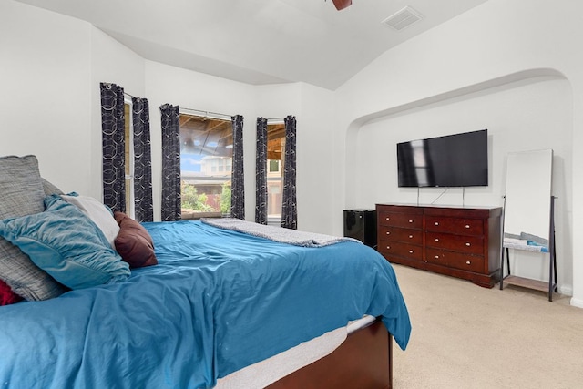 204 Lake Livingston Dr, Georgetown, TX 78628 - bedroom featuring lofted ceiling, light carpet, and ceiling fan