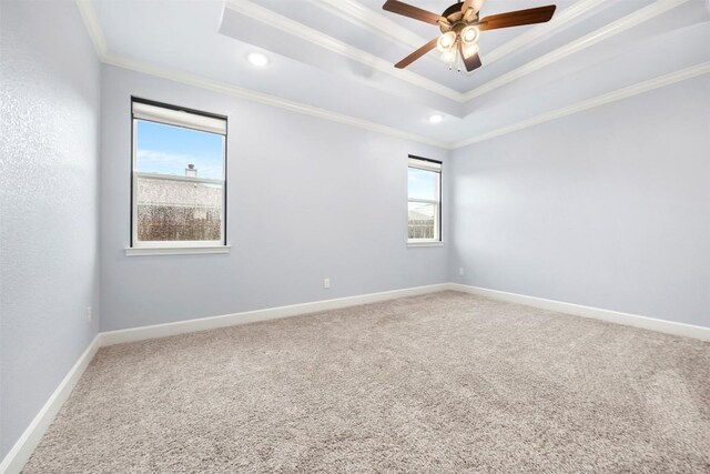 2660 Cowgirl Trl, Belton, TX 76513 - carpeted spare room with crown molding, a tray ceiling, ceiling fan, and recessed lighting