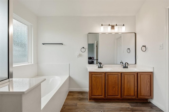 608 Haleys Cv, Leander, TX 78641 - full bathroom featuring plenty of natural light, wood finished floors, and double vanity