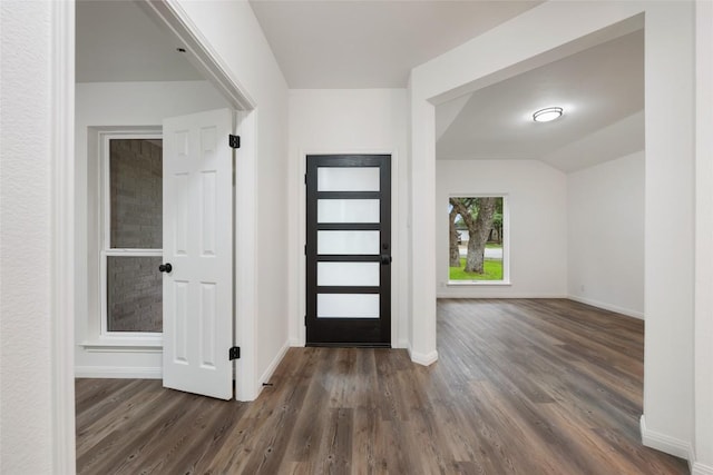 608 Haleys Cv, Leander, TX 78641 - foyer entrance with dark wood finished floors and vaulted ceiling