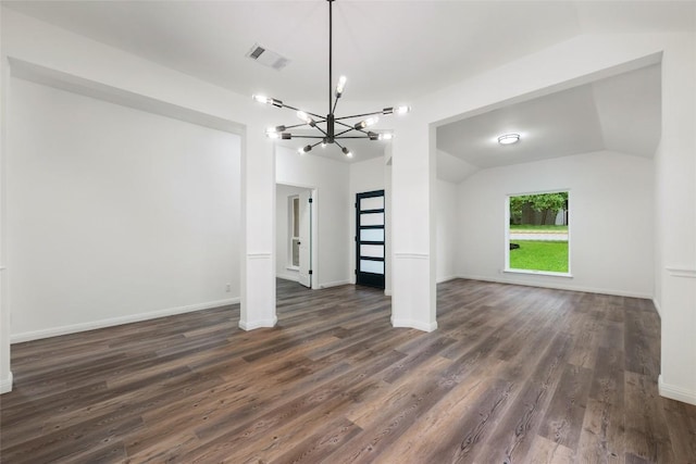 608 Haleys Cv, Leander, TX 78641 - unfurnished living room with a chandelier, dark wood finished floors, and lofted ceiling