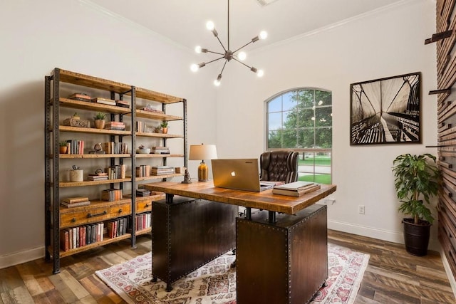 5012 Jeanine Dr, Temple, TX 76502 - office with crown molding, a chandelier, and wood finished floors