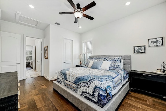 120 Delfino Pl, Horseshoe Bay, TX 78657 - bedroom featuring attic access, wood finished floors, recessed lighting, and ceiling fan