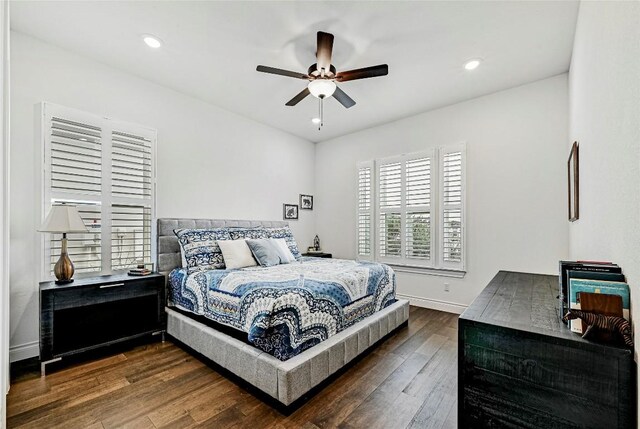 120 Delfino Pl, Horseshoe Bay, TX 78657 - bedroom with dark wood finished floors, ceiling fan, and recessed lighting