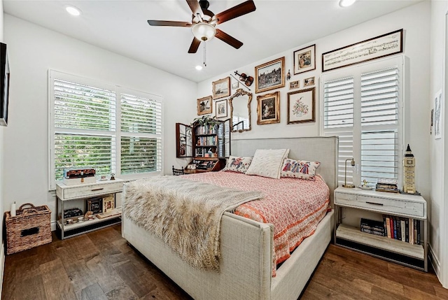 120 Delfino Pl, Horseshoe Bay, TX 78657 - bedroom featuring dark wood finished floors, recessed lighting, and ceiling fan