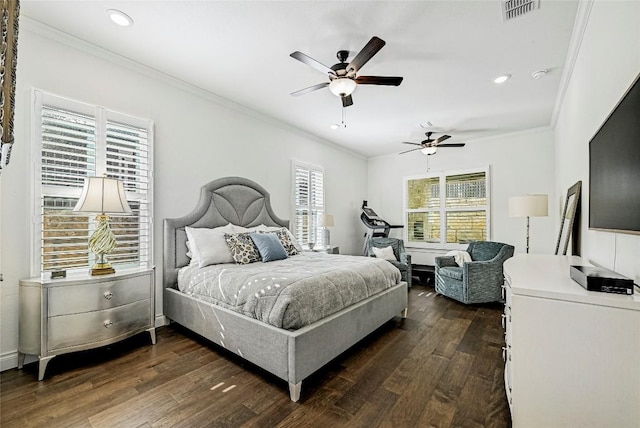 120 Delfino Pl, Horseshoe Bay, TX 78657 - bedroom featuring dark wood-style flooring, ornamental molding, recessed lighting, and ceiling fan