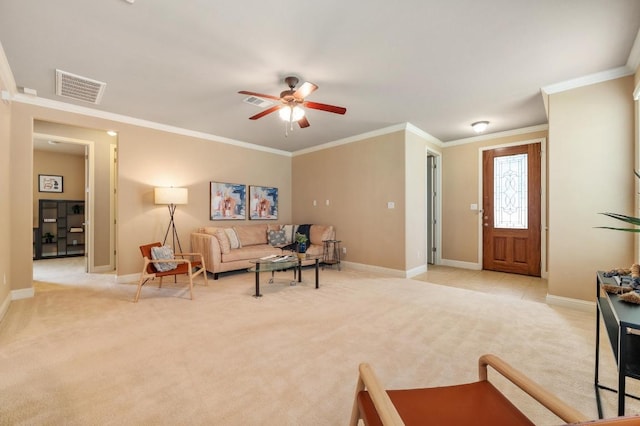 11900 Timber Heights Dr, Austin, TX 78754 - living room with light carpet, ceiling fan, and crown molding