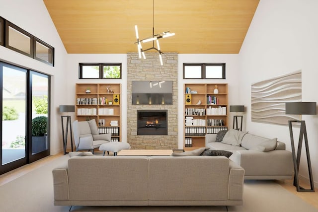 2004 Ballinger Dr, Spicewood, TX 78669 - living area featuring wooden ceiling, high vaulted ceiling, and a fireplace