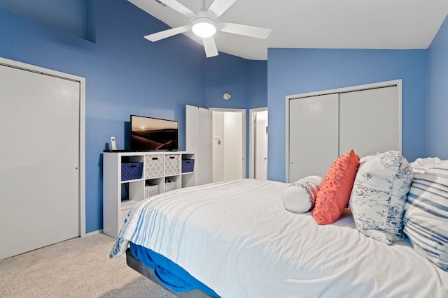 3008 Siskin Dr, Austin, TX 78745 - bedroom featuring carpet flooring, high vaulted ceiling, and ceiling fan