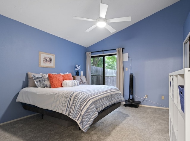 3008 Siskin Dr, Austin, TX 78745 - bedroom with carpet floors, access to exterior, a ceiling fan, and high vaulted ceiling
