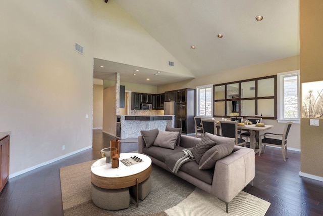 146 Double Eagle Dr, Austin, TX 78738 - living room with high vaulted ceiling and dark wood-style flooring