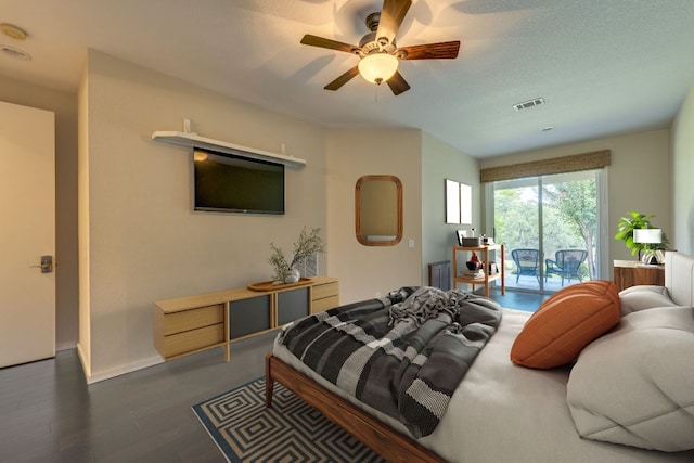 146 Double Eagle Dr, Austin, TX 78738 - bedroom featuring access to exterior, wood finished floors, and ceiling fan
