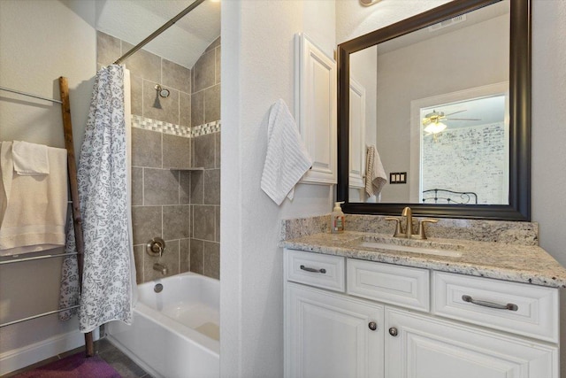 1915 Los Santos Dr, San Marcos, TX 78666 - bathroom with shower / bath combination with curtain, vanity, and ceiling fan