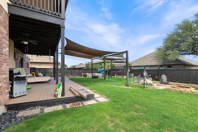 1915 Los Santos Dr, San Marcos, TX 78666 - fenced backyard with a wooden deck and a ceiling fan