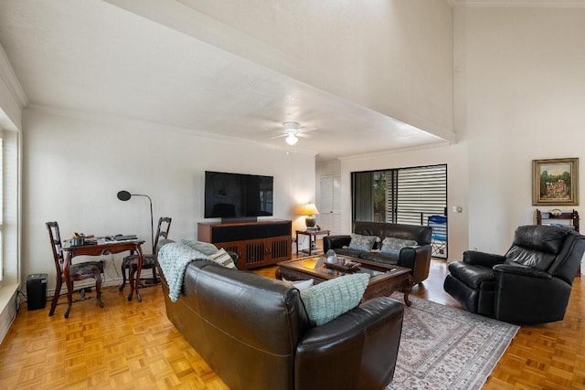 6033 Mount Bonnell Cv, Austin, TX 78731 - living area featuring ornamental molding and ceiling fan