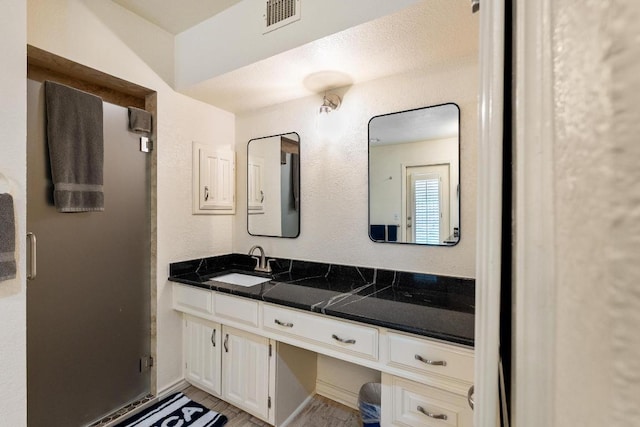 6033 Mount Bonnell Cv, Austin, TX 78731 - bathroom featuring vanity, a stall shower, and wood finished floors