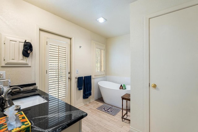 6033 Mount Bonnell Cv, Austin, TX 78731 - bathroom featuring wood finished floors, a freestanding bath, and vanity