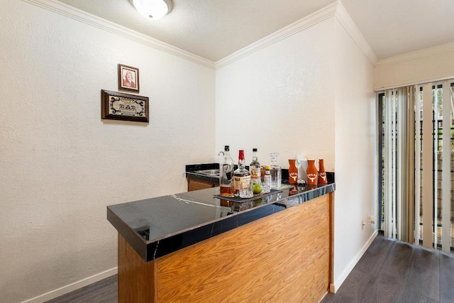 6033 Mount Bonnell Cv, Austin, TX 78731 - indoor dry bar featuring dark wood finished floors and crown molding