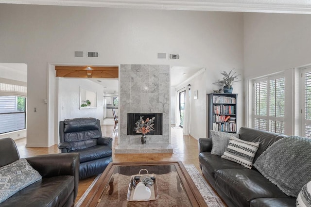 6033 Mount Bonnell Cv, Austin, TX 78731 - living area featuring crown molding, a high ceiling, a fireplace, and wood finished floors