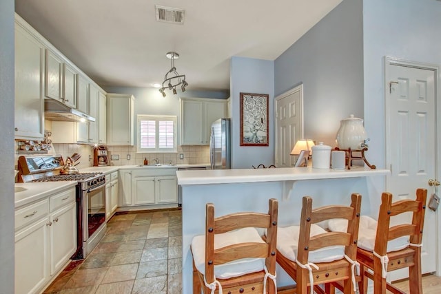 1203 Cardigan St, Cedar Park, TX 78613 - kitchen featuring appliances with stainless steel finishes, backsplash, under cabinet range hood, light countertops, and light stone finish flooring
