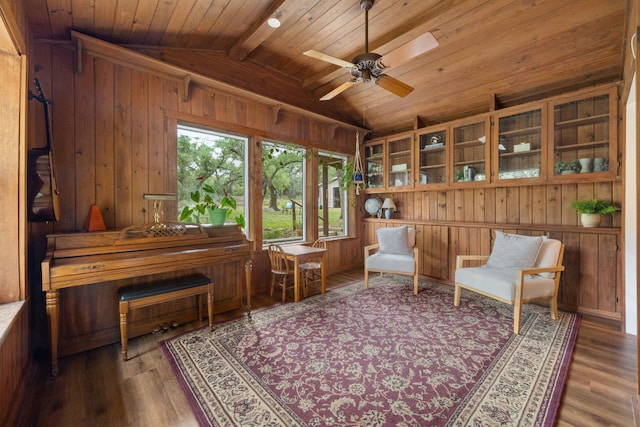 8604 Granada Hills Dr, Austin, TX 78737 - living area featuring wooden walls, wood ceiling, wood finished floors, and ceiling fan