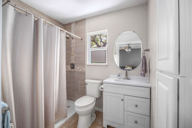8604 Granada Hills Dr, Austin, TX 78737 - bathroom with vanity, a tile shower, ceiling fan, and tile patterned floors