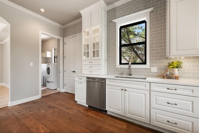 27 Autumn Oaks Dr, The Hills, TX 78738 - kitchen featuring dishwasher, ornamental molding, dark wood-style flooring, light countertops, and white cabinets