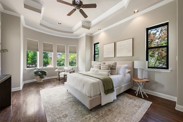 27 Autumn Oaks Dr, The Hills, TX 78738 - bedroom featuring a raised ceiling, wood finished floors, crown molding, and ceiling fan