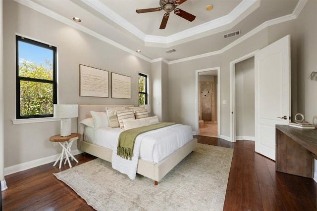 27 Autumn Oaks Dr, The Hills, TX 78738 - bedroom with a tray ceiling, hardwood / wood-style flooring, crown molding, recessed lighting, and ceiling fan