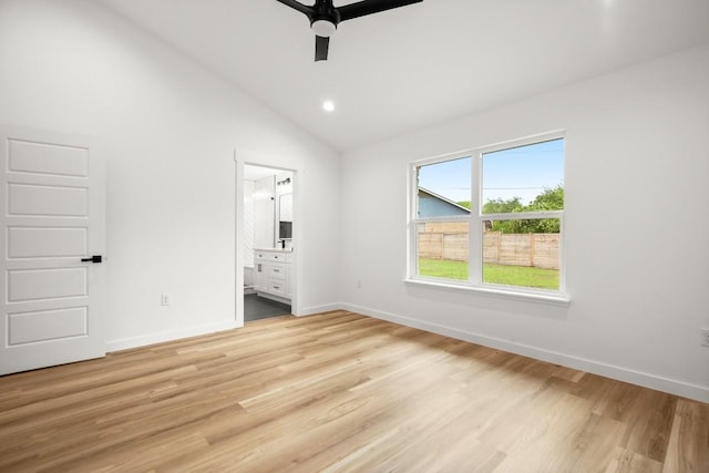 11615 February Dr, Austin, TX 78753 - unfurnished bedroom featuring light wood-type flooring, connected bathroom, high vaulted ceiling, ceiling fan, and recessed lighting
