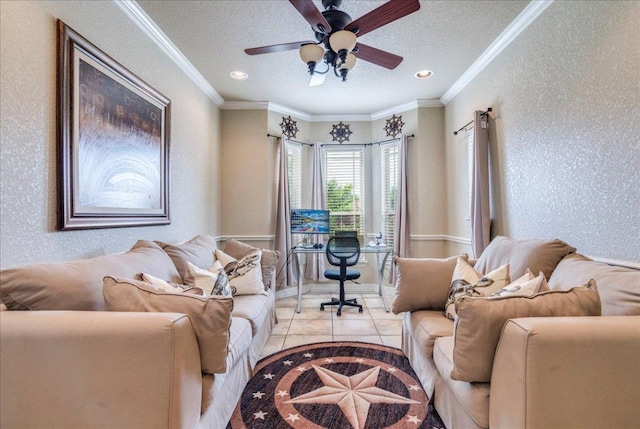 913 Overcup Dr, San Marcos, TX 78666 - living room featuring a textured wall, a textured ceiling, ceiling fan, and light tile patterned floors