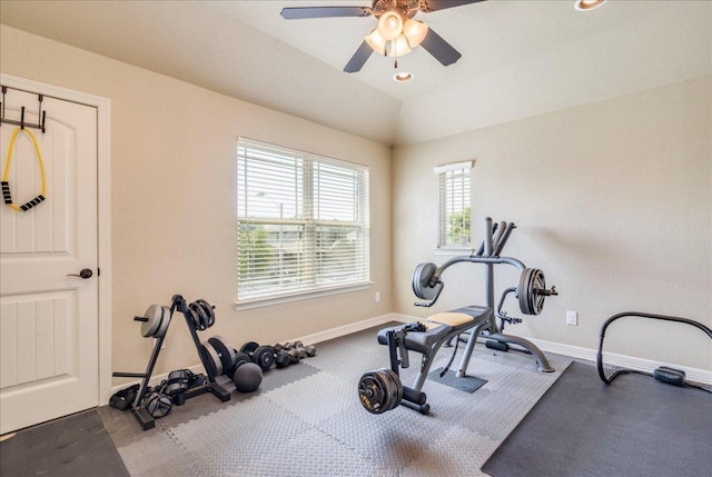 913 Overcup Dr, San Marcos, TX 78666 - exercise area with ceiling fan and lofted ceiling