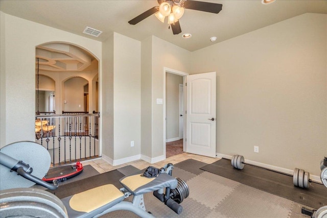 913 Overcup Dr, San Marcos, TX 78666 - workout area featuring ceiling fan, arched walkways, and recessed lighting