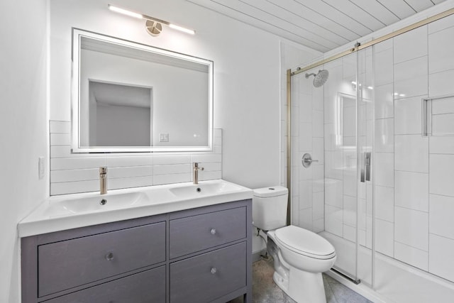 4712 Carsonhill Dr, Austin, TX 78723 - full bathroom with double vanity, a stall shower, and decorative backsplash