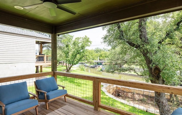 302 Castlehigh Dr, Granite Shoals, TX 78654 - wooden deck featuring a water view and a ceiling fan