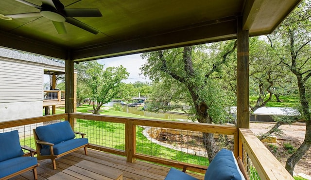302 Castlehigh Dr, Granite Shoals, TX 78654 - wooden terrace featuring a water view and ceiling fan