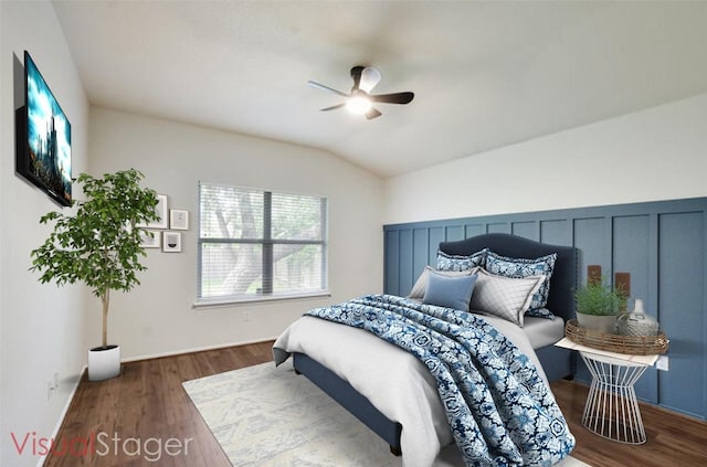 1119 Brinkley Dr, Cedar Park, TX 78613 - bedroom with wood finished floors, vaulted ceiling, and ceiling fan