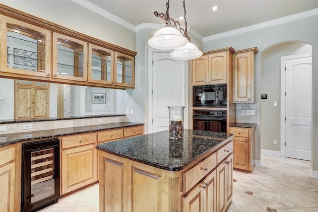 25 Meadows End Dr, Georgetown, TX 78628 - kitchen featuring beverage cooler, arched walkways, glass insert cabinets, decorative backsplash, and black appliances